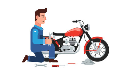 Motorcycle Repair: A Mechanic is Doing Maintenance Work on a Red Motorcycle
