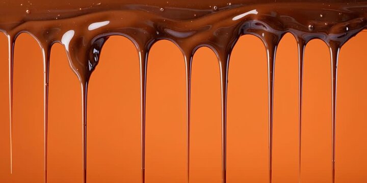 chocolate dripping up to down, solid orange background, advertising photography. ar 30:9

