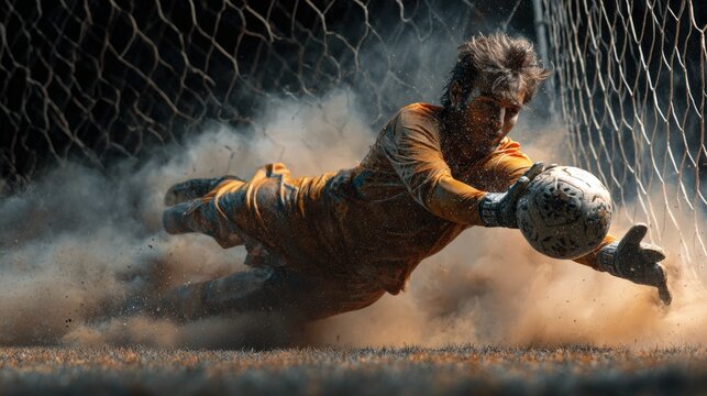 Soccer Goalie's Dramatic Dive to Save Penalty with Dust Rising