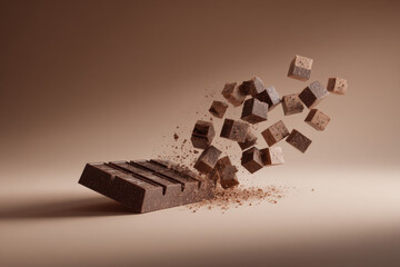 Chocolate bar exploding into cubes, abstract minimal dessert concept, modern geometric food composition, creative sweets background, dark brown cocoa, gourmet snack, still life design

