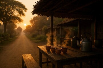 Rural tea stall at sunrise in a Bangladeshi village