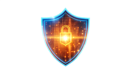 Digital data protection shield with padlock isolated on transparent background for security concept