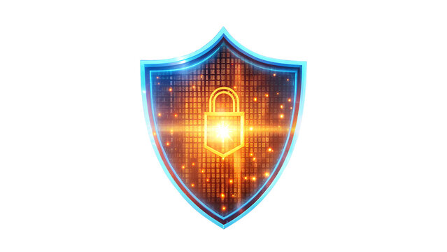 Digital data protection shield with padlock isolated on transparent background for security concept