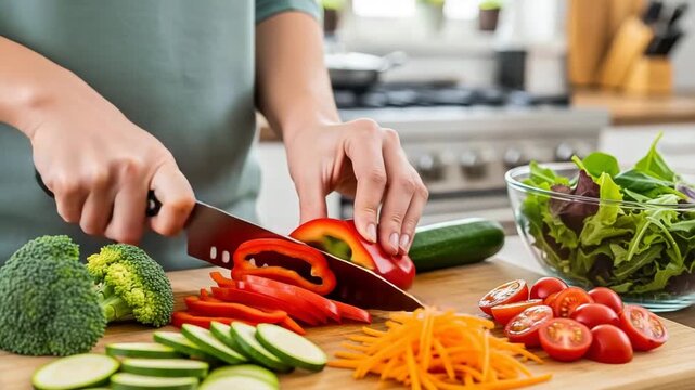 Person prepares fresh vegetables on cutting board for healthy meal prep video generative ai