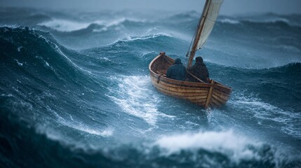Adventurers sailing small boat in rough stormy sea, cinematic motion