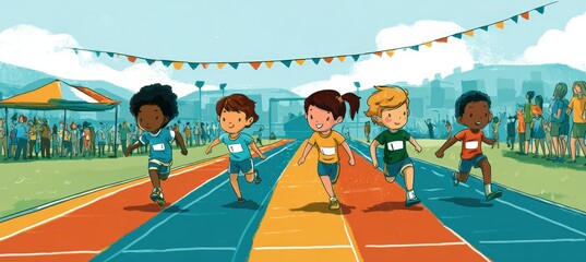 Obraz premium Youth Track and Field Event with Children Sprinting on Colorful Lanes