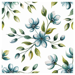 This graceful seamless floral pattern showcases delicate blue watercolor flowers accented with green and olive leaves on a clean white background. Each flower is beautifully hand-painted.