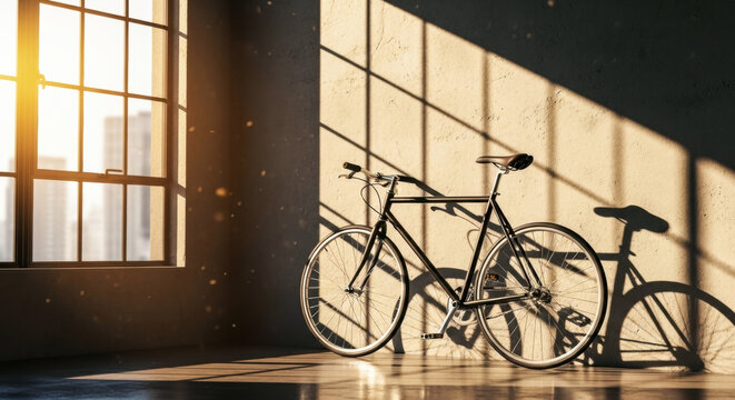 A sleek black bicycle stands parked in a sunlit room, casting long shadows on the concrete floor, with light streaming through a large window.