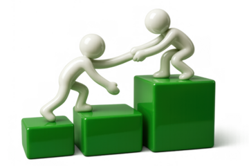 Human figure helping another up green steps symbolizing business teamwork, progress, and success, isolated on transparent background
