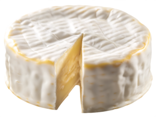 Round brie cheese with a slice removed isolated on a transparent background camembert