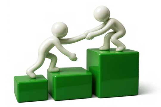 Human figure helping another up green steps symbolizing business teamwork, progress, and success, isolated on transparent background