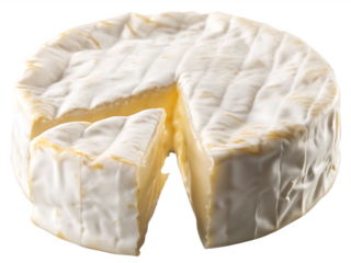 Round brie or camembert cheese with slice removed isolated on a transparent background