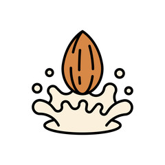 Almond nut splashing into milk wave filled color icon  Vector Illustration