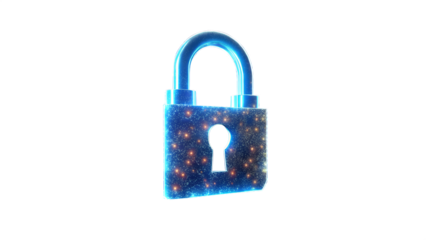 Digital padlock with glowing particles, isolated on transparent background concept of data protection