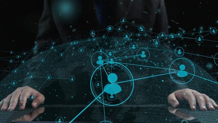 A modern concept showcasing business networking and communication through digital technologies, illustrating people connections and global collaboration in a professional setting. Cipher