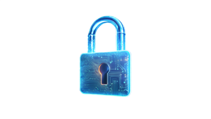Digital padlock with glowing circuit board, isolated on transparent background data protection concept