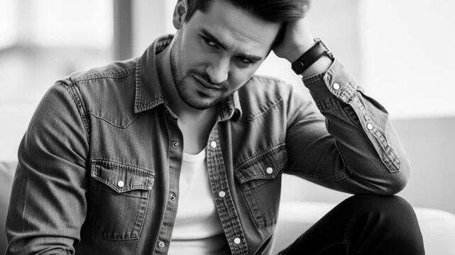 Emotional struggle of a young man in a denim shirt, captured in a series of frames, showing gradual despair and introspection, camera slowly zooms in