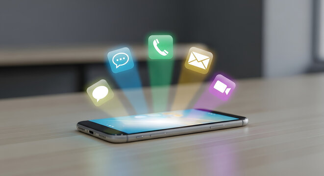 Smartphone on a desk with glowing app icons floating above