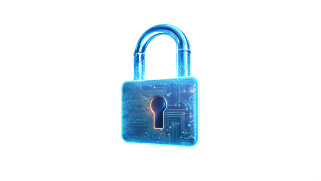 Digital padlock with glowing circuit board, isolated on transparent background data protection concept