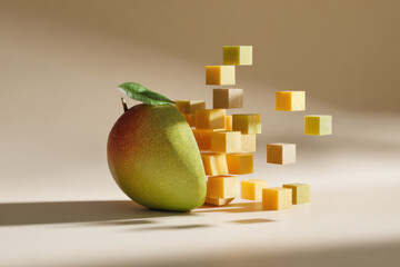 Mango fruit exploding into cubes, abstract minimal food concept, tropical fresh dessert, modern creative composition, healthy vitamin snack, geometric cutting design, summer background, still life

