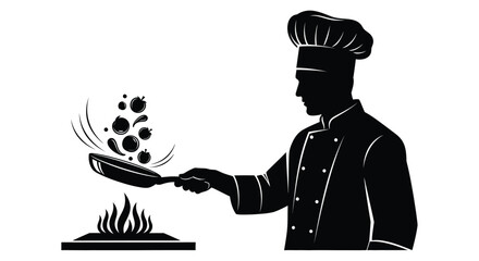 A skilled chef tossing food in a pan with flames below