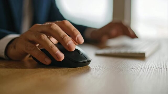 Close-up of a businessman's hand using computer mouse at wooden desk in office
