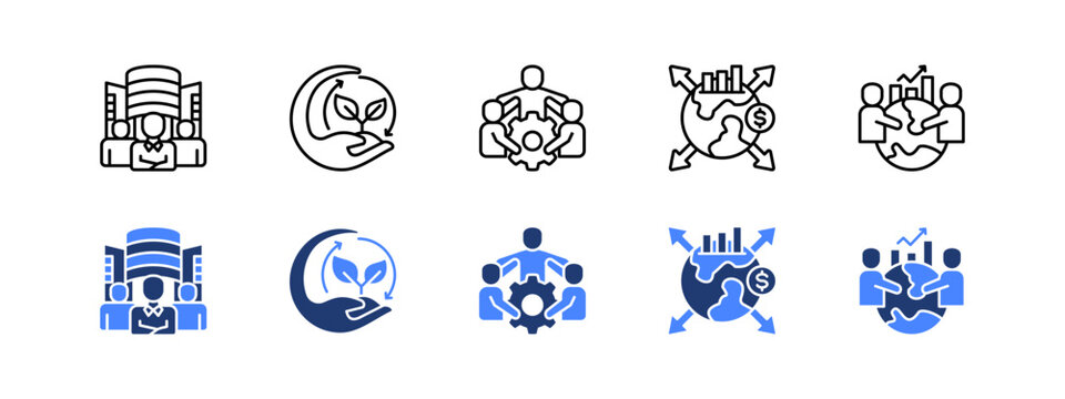 Social enterprise, Sustainability, Community, Inclusivity, Social impact with two styles, line and duotone icon.