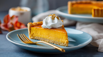 A close-up shot of a single slice of pumpkin pie with a large dollop of whipped cream on a porcelain plate. Autumnal colors, delicious texture. blurred background, with copy space