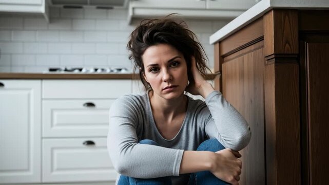 A young man is seated on couch in a contemporary living room, hiding his face with hands, conveying deep emotions of sadness and despair, with plants and natural light enhancing the atmosphere