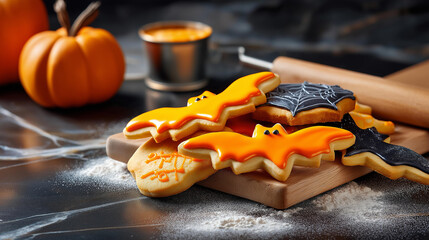 Overhead flat lay of Halloween baking: cookies shaped like bats and skulls, orange icing, and scattered flour on a dark marble countertop. Cozy, bakingcore. blurred background, wit