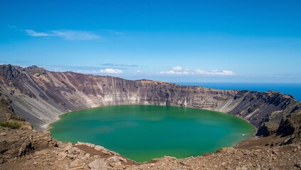 Craters Serene Eye, Cliffs Embrace Turquoise Waters Underneath a Clear Blue Sky.