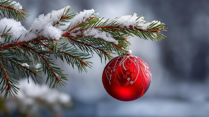 A single, ornate, red glass bauble (ornament) hanging from a pine branch covered in fresh snow. Close-up, shallow depth of field, elegant. blurred background, with copy space