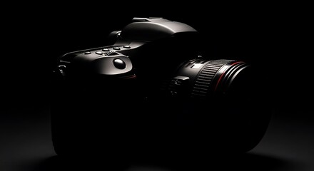 Black D S L R camera with lens in dramatic dark lighting dslr photography