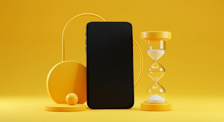 Sleek smartphone display with elegant hourglass timer on trendy yellow background, perfect for time management or deadline reminders, modern minimal design