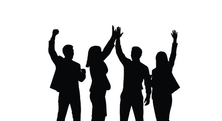 Four silhouettes celebrate with raised hands in a unified group gesture