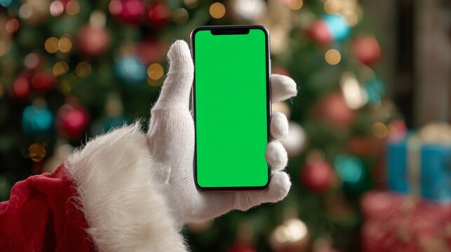 A gloved hand holds a smartphone with a green screen. The background features a decorated Christmas tree with colorful ornaments and wrapped gifts.