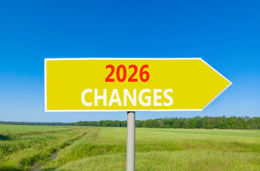2026 Changes symbol. Concept words 2026 Changes on beautiful yellow road sign. Beautiful green grass field forest and blue sky background. Business and 2026 changes concept. Copy space.