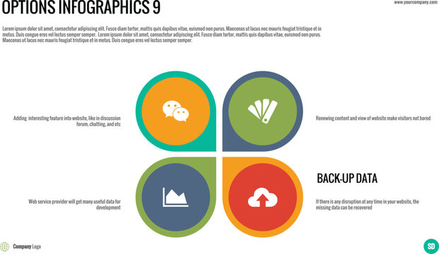 Four-Quadrant Infographic: Organize and present four distinct but related categories or points, like features or services, in a clear grid format
