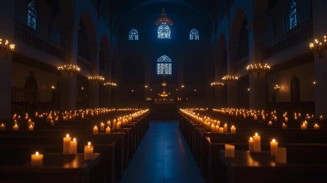 Atmospheric Synagogue Interior with Rows of Lit Candles for Evening Prayer Service