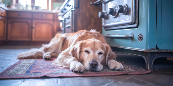 Golden retriever dog sleeping comfortably near the stove in a kitchen  