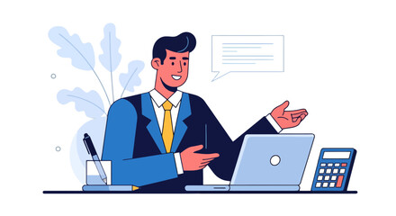 Professional Person at Desk Explaining Business with Laptop and Calculator and Chat Bubble