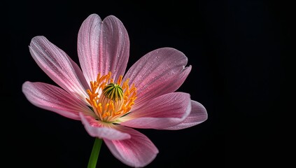 Fototapeta premium Delicate Bloom with Dew Drops. A Study in Pink and Golden Hues Against Dark Backdrop.