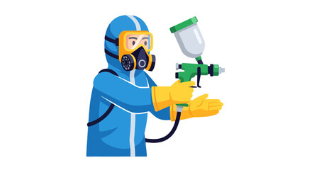 Protective Suit Artisan Performing Paint Application With Spray Gun Against Dark Background