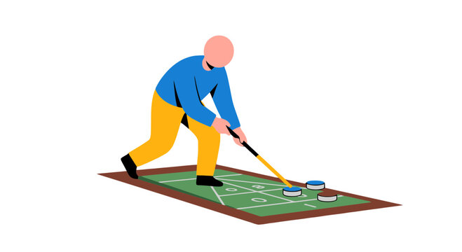 Shuffleboard Game Illustration Depicting Player Aiming With A Yellow Cue Stick