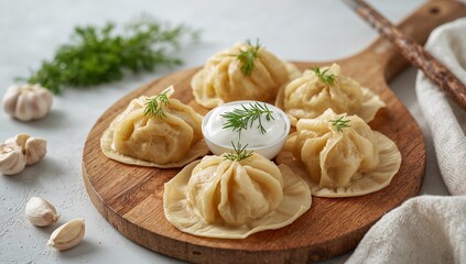 Delicate Dumpling Delights on a Wooden Plate A Culinary Still Life Composition.