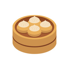 a beautifully arranged plate of Dim Sum, featuring a variety of dumplings and buns in a bamboo steamer vector illustration