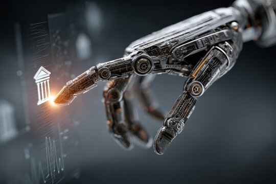 Robotic hand in business setting pointing at a digital bank icon and holographic interface