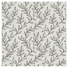 This elegant seamless leaf pattern features fine black botanical line art arranged in graceful diagonal waves on a soft beige background. The delicate linear branches and hand-drawn leaves create.