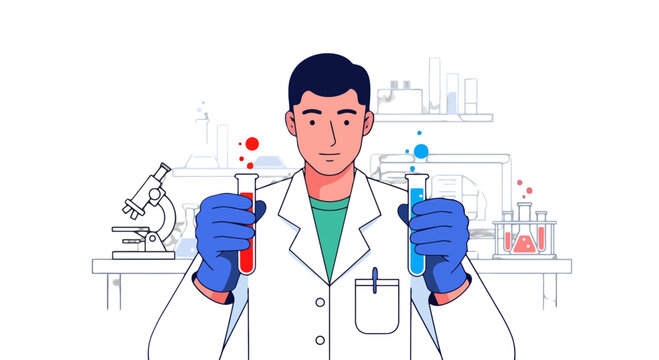 Scientist Conducting Laboratory Research with Test Tubes, Modern Scientific Illustration