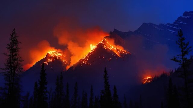 A mountain engulfed in flames, with hot lava and smoke rising high into the air